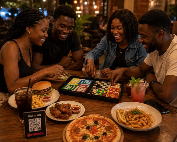 Friends playing a physical FunBox game together