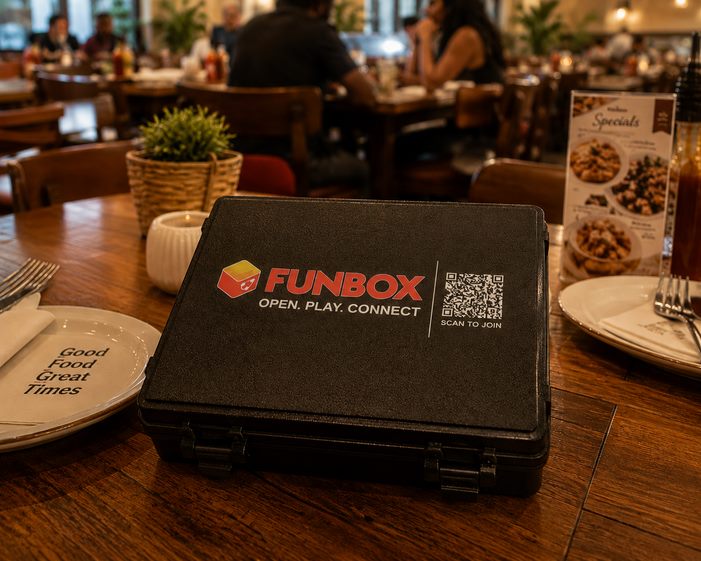 FunBox game box set up on a restaurant table